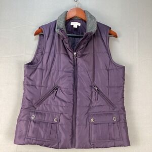 Coldwater Creek Womens Purple Quilted Vest Ribbed Collar Full Zip Pockets Size M